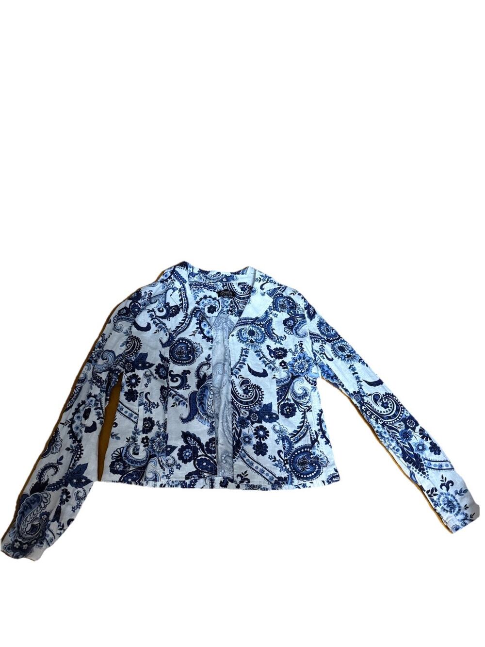 JONES NEW YORK Women’s Floral Open Front Linen Blend Blazer Front Pockets XS